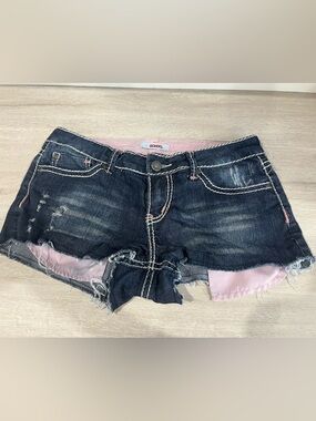 Bongo Y2K Denim Shorts 11 Low Rise Pink Stitch Embroidered Distressed